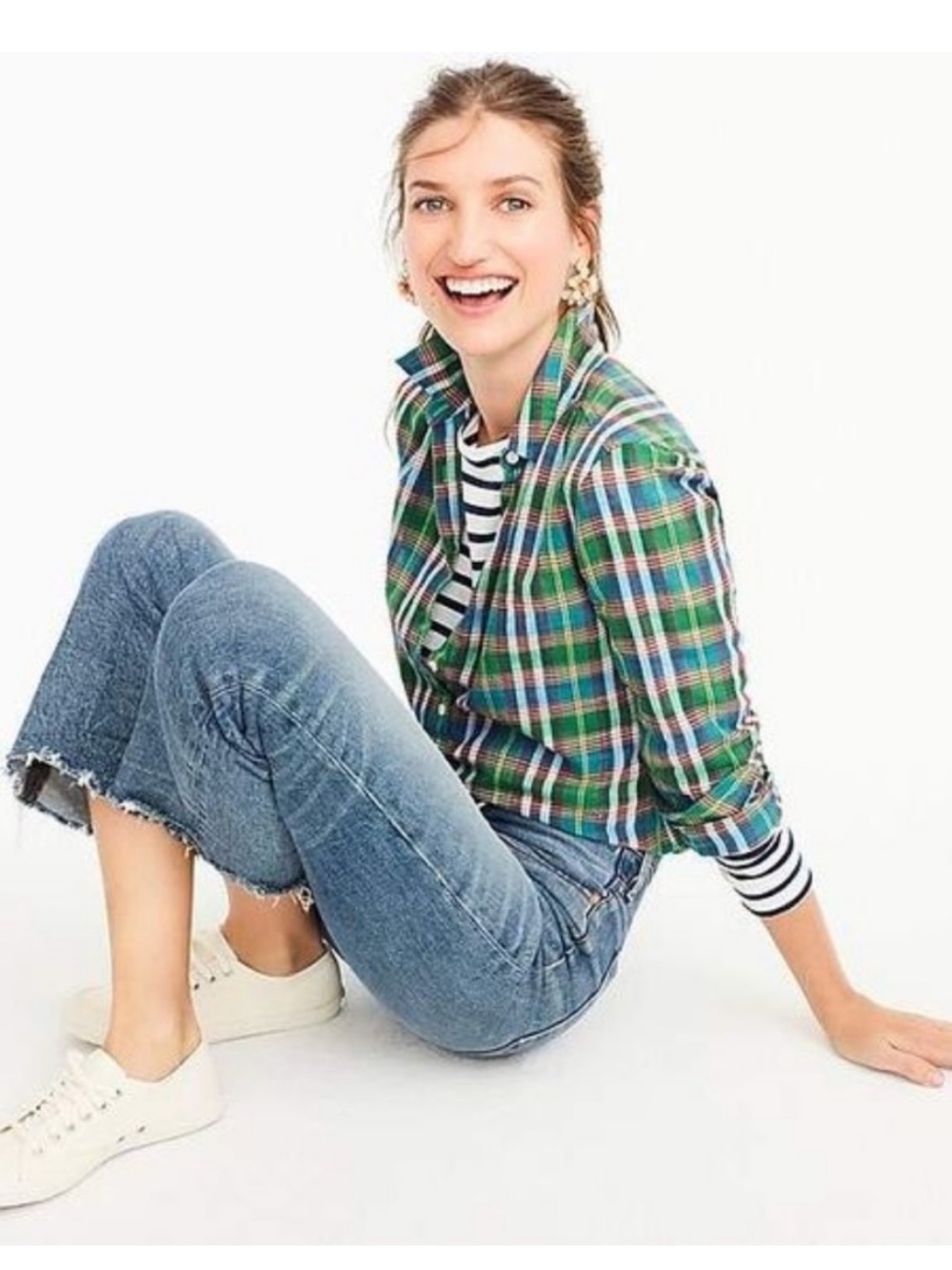 J. Crew Green and Blue Plaid Popover Blouse